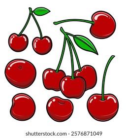 A diverse collection of cherries in various shapes and positions, perfect for digital assets, presentations, or infographics.