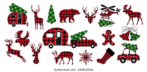 
   Diverse collection of Christmas design elements. Buffalo plaid festive decor. Variety of checkered objects on a white background. Vector illustration.