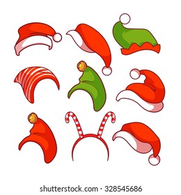 A diverse collection of Christmas hats.  Vector clip-art illustration.