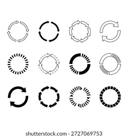 Una colección diversa de iconos de flecha circular que representan estados de actualización, ciclo y carga