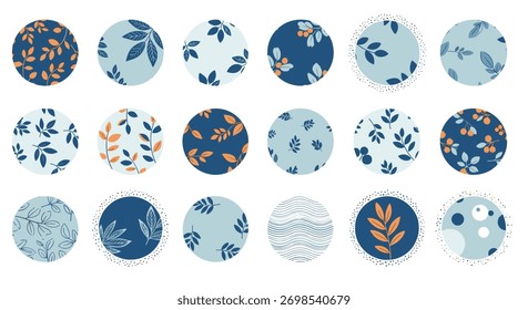 A diverse collection of circular botanical patterns featuring leaves, branches, and berries in a calming blue and orange color scheme, ideal for modern design.