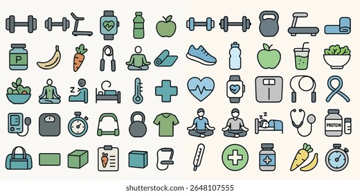 A diverse collection of clean, modern icons representing various health, fitness, and wellness activities and concepts.
