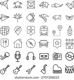 Eine vielfältige Kollektion sauberer, moderner linearer Symbole, die verschiedene Themen wie Technologie, Reisen, Kommunikation und abstrakte Konzepte repräsentieren.