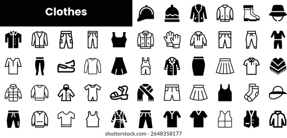 A diverse collection of clothing icons including shirts, pants, hats, and accessories, showcasing various styles suitable for different occasions.