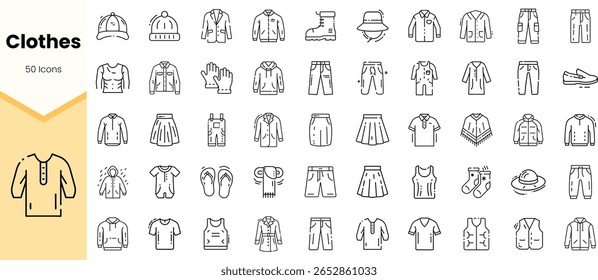 A diverse collection of clothing icons, including tops, bottoms, outerwear, and accessories, presented in a minimalist line art style.