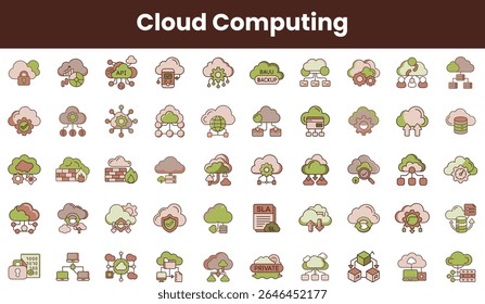 A diverse collection of cloud computing icons featuring various symbols such as servers, locks, and backup, emphasizing technology and innovation.