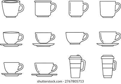 Diverse collection of coffee mugs and drinking vessels in simple line art Vector