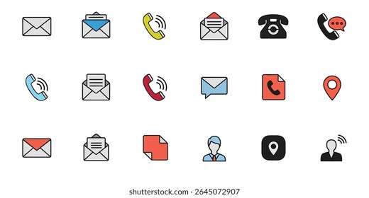 A diverse collection of colorful contact information icons is organized against a crisp white background, offering a versatile suite for website, print, and digital communications. Featuring email env