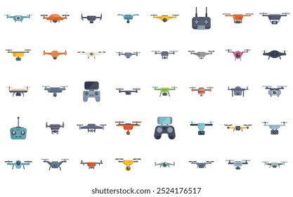 Diverse collection of colorful drones hovering in various configurations, showcasing their advanced technology and capabilities