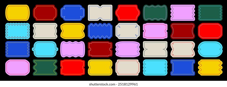 A diverse collection colorful stickers, labels, price tags, and coupons with unique shapes and borders. Ideal for promotions, sales, and advertising, perfect for retail marketing and special offers.