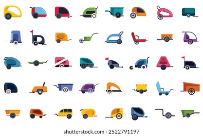 Diverse collection of colorful trailer icons, showcasing a variety of types and purposes for travel and transportation