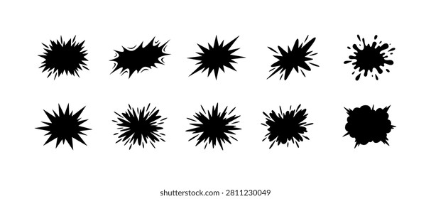 Diverse collection of comic explosion effects and burst stickers for creative design projects. Vector illustration featuring various black silhouette shapes including clouds splashes and starburst icons. Perfect for action themed graphics pop art style layouts and dynamic visual elements.