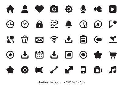 Diverse collection of common web and app symbols including home, profile, heart, camera, settings, and more.