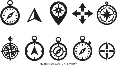 Diverse collection of compass navigation icons and directional map markers for exploration orienteering and travel