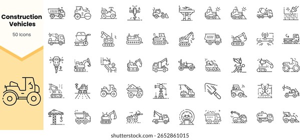 A diverse collection of construction vehicle icons, showcasing various machinery essential for construction projects, including diggers, cranes, and trucks.