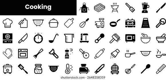 A diverse collection of cooking icons featuring utensils, appliances, and tools, perfect for illustrating culinary themes in a modern and minimalist style.