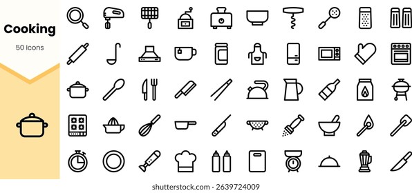 A diverse collection of cooking icons showcasing various kitchen utensils, appliances, and food preparation tools in a minimalist design.