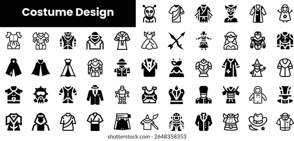 A diverse collection of costume design icons featuring various styles, including traditional dresses, superhero outfits, and fantasy attire in a minimalist black-and-white design.