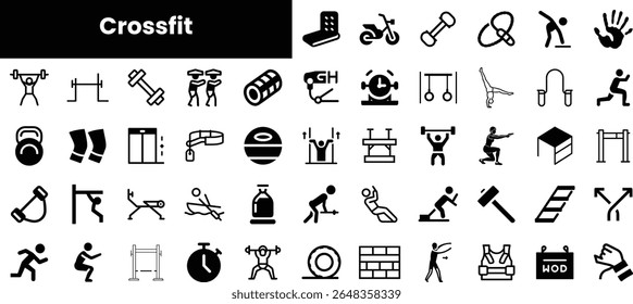 A diverse collection of CrossFit icons representing various exercises and equipment, showcasing strength training, conditioning, and overall fitness lifestyle.