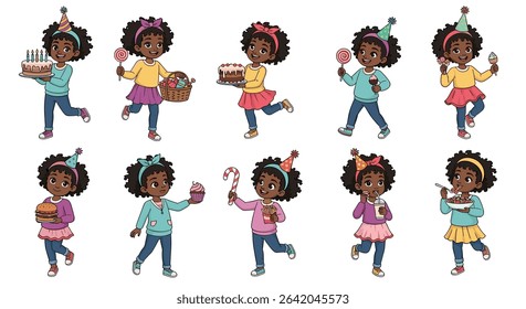 Diverse Collection of Cute Birthday Girl Illustrations Celebrating With Various Treats and Activities