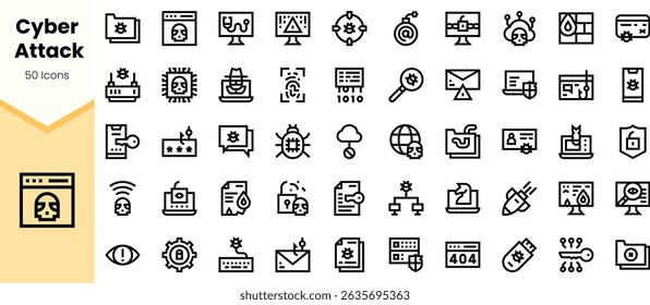 A diverse collection of cyber attack icons, featuring elements like shields, laptops, and warning signs in a minimalist style, showcasing cybersecurity themes.