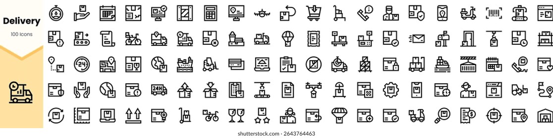 A diverse collection of delivery-themed icons featuring various transport, logistics, and communication symbols, ideal for e-commerce and shipping applications.