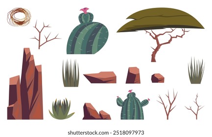 A diverse collection of desert-themed elements, including cacti, trees, rocks, and grass, ideal for game design.