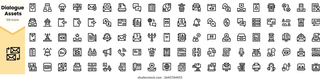 Uma coleção diversificada de ícones de recursos de diálogo, apresentando símbolos de comunicação, tecnologia e interação do usuário, tudo em um design minimalista em preto e branco.