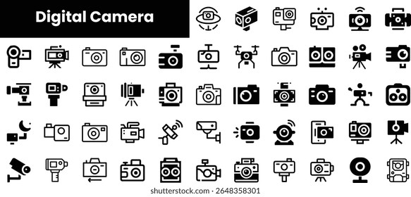 A diverse collection of digital camera icons, showcasing various styles and functionalities, emphasizing the evolution of photography technology and design.
