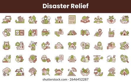 A diverse collection of disaster relief icons, featuring symbols of safety, recovery, and environmental care, presented in a calm color palette.