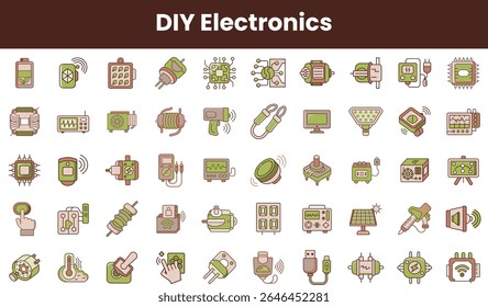Uma coleção diversificada de ícones eletrônicos DIY com vários componentes e ferramentas em tons terra, perfeito para entusiastas de tecnologia e projetos criativos.