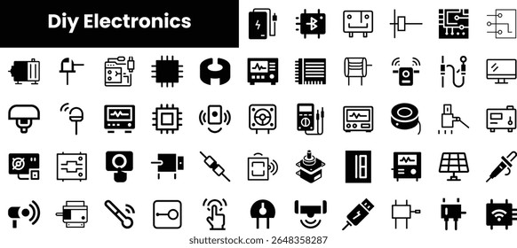 A diverse collection of DIY electronics icons, showcasing various components and tools in black and white for a modern, tech-savvy appeal.