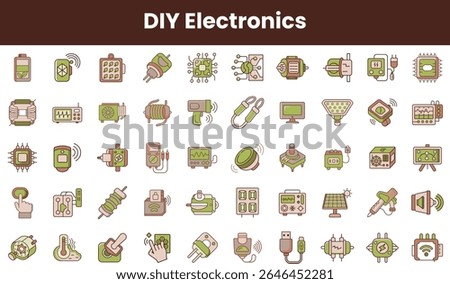 A diverse collection of DIY electronics icons featuring various components and tools in earthy tones, perfect for tech enthusiasts and creative projects.