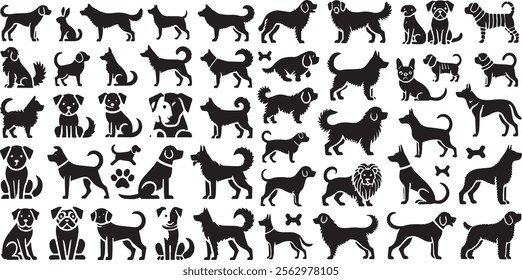 A diverse collection of dog silhouettes, showcasing various breeds, poses, and playful elements like bones and paw prints. Great for Animals Wildlife, Nature, Signs Symbols, Abstract