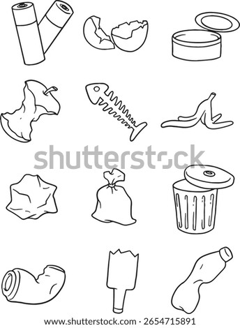 Diverse collection of doodle-style waste items, including batteries, food scraps, cans, paper, and plastic. This set is ideal for illustrating recycling, waste sorting, environmental issues.	