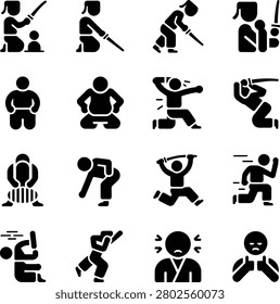 Diverse collection of dynamic martial arts and exercise icons showcasing various poses and movements in actionpacked scenes