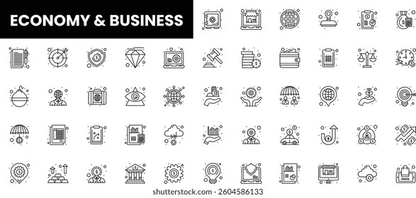 A diverse collection of economy and business icons in a minimalistic black and white style.