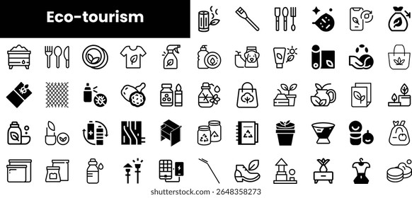 A diverse collection of eco-tourism icons featuring sustainability, nature, and environmental themes. Ideal for projects promoting eco-friendly practices.