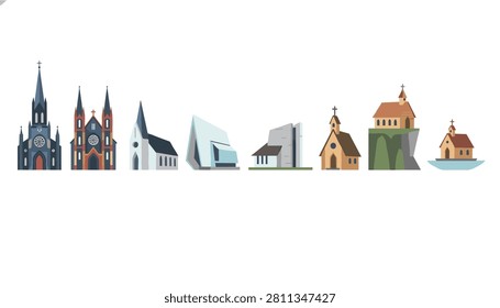 Diverse collection of eight different architectural styles of Christian churches and chapels isolated on white background.