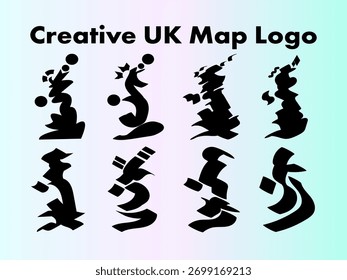 A diverse collection of eight unique and creative abstract logo designs depicting the map of the United Kingdom. Perfect for branding, identity, web design, or any project needing a modern UK graphic.