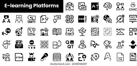 Uma coleção diversificada de ícones de plataformas de e-learning, apresentando vários assuntos e temas como ciência, arte e tecnologia, representando ferramentas educacionais modernas.