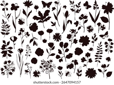 A diverse collection of elegant botanical silhouette floral elements. A charming collection of silhouetted botanical elements showcasing a variety of flowers, leaves, and butterflies.