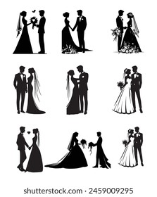 A diverse collection of elegant bride and groom silhouette portraits, featuring various poses and compositions.