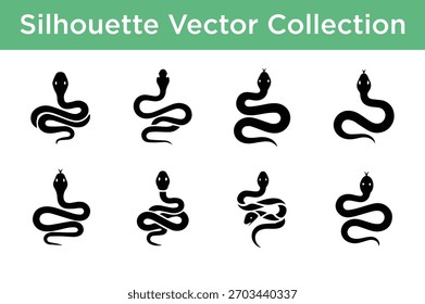 Diversa colección de elegantes siluetas de serpiente en formato Vector, ideal para logos, iconos y proyectos de Diseño gráfico.