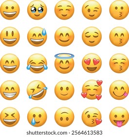 A diverse collection of emojis showcasing various facial expressions, including happiness, love, laughter, and sadness, perfect for digital communication.