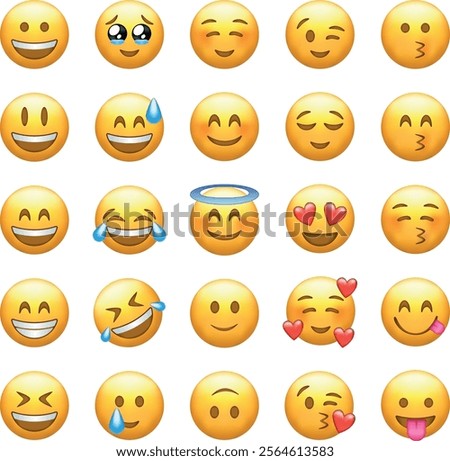 A diverse collection of emojis showcasing various facial expressions, including happiness, love, laughter, and sadness, perfect for digital communication.