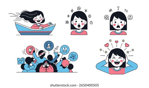 Coleção diversa de emoções e reações ilustradas em estilo simples e plano