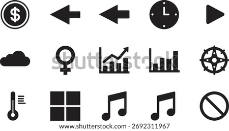 Diverse collection of essential black and white vector icons for various purposes
