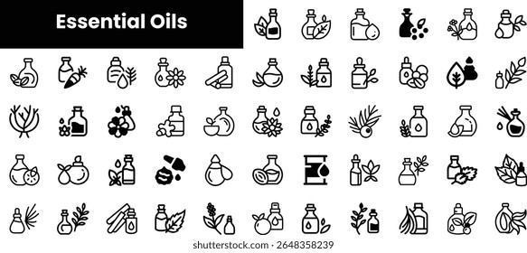 A diverse collection of essential oil icons featuring various plants, leaves, and bottles, showcasing the natural ingredients often used for aromatherapy and wellness.