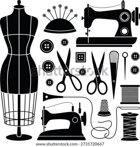 A diverse collection of essential sewing and tailoring tools and equipment in silhouette